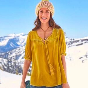Sundance Blouse Women’s Velvet Joy Tassel Tie Boho Mustard Peasant Blouse small